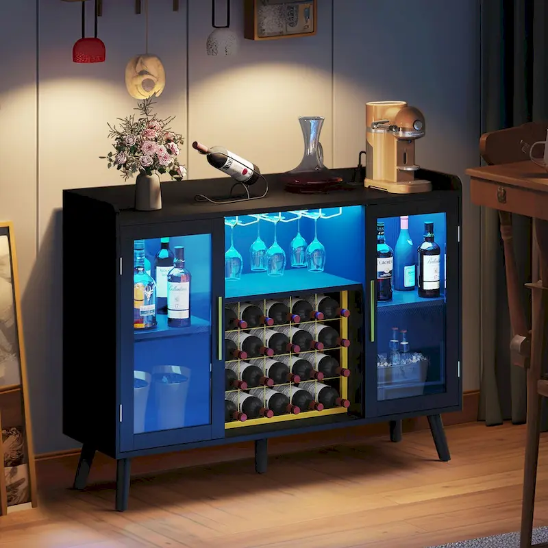 53 Wine Bar Cabinet Coffee Bar Cabinet for Liquor and Glasses with Led Lights & Power Outlets