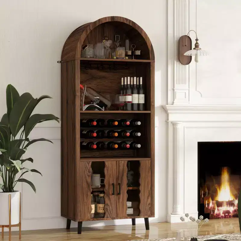 JVNOXK 71''Farmhouse-Style Arched Display Cabinet with Wine Rack and Glass Holder Wine Storage Cabinet for Dining Rooms and Living Rooms, Walnut