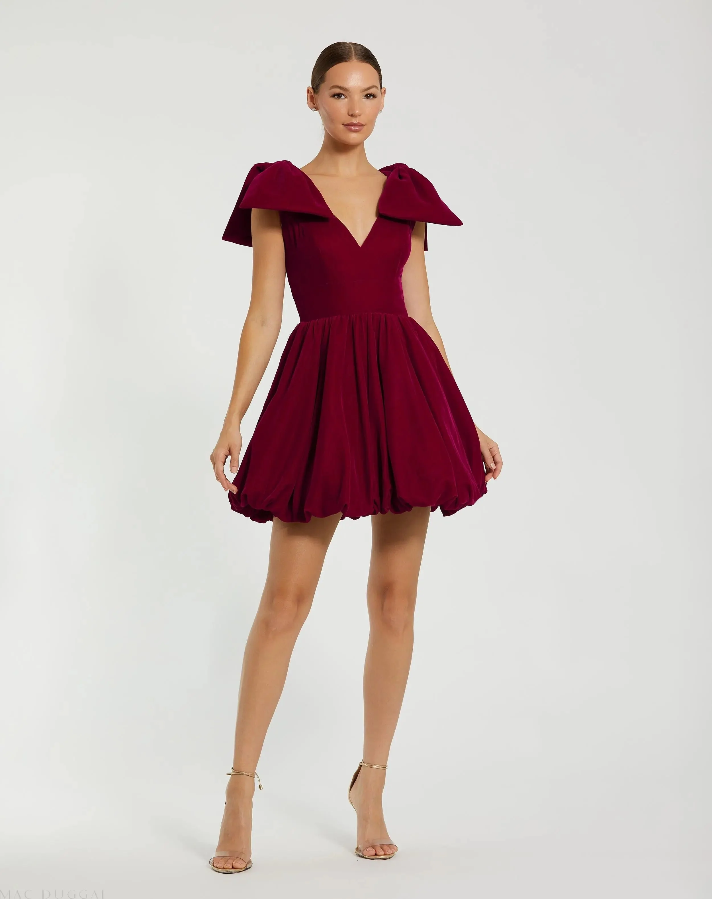 Red Shoulder Bow Velvet Bubble Mini Dress