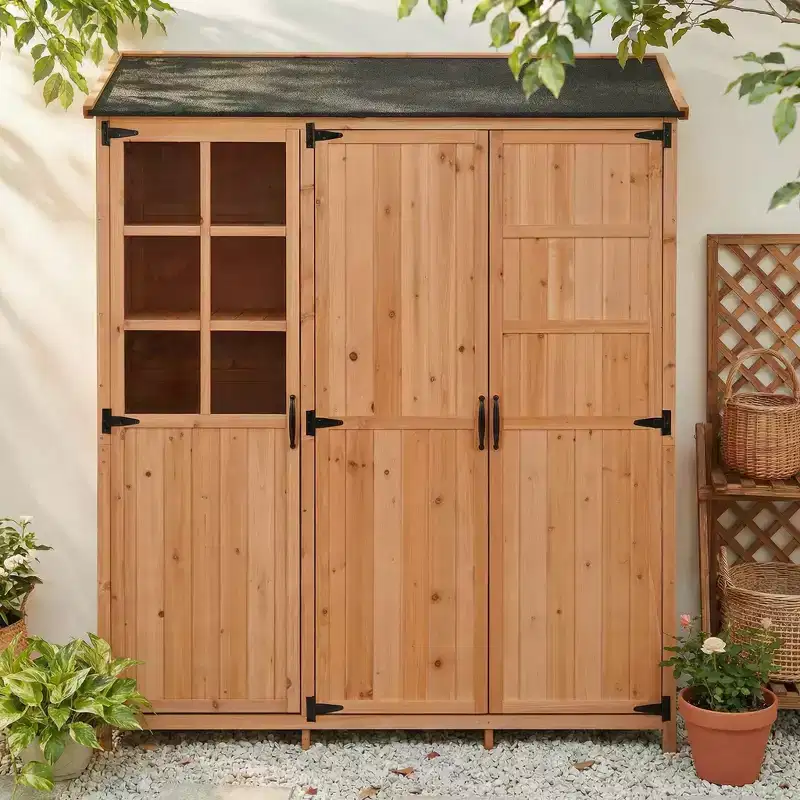GDFStudio Riley Patio 3-Door Garden Shed with Waterproof Roof, Workstation and 7 Shelves