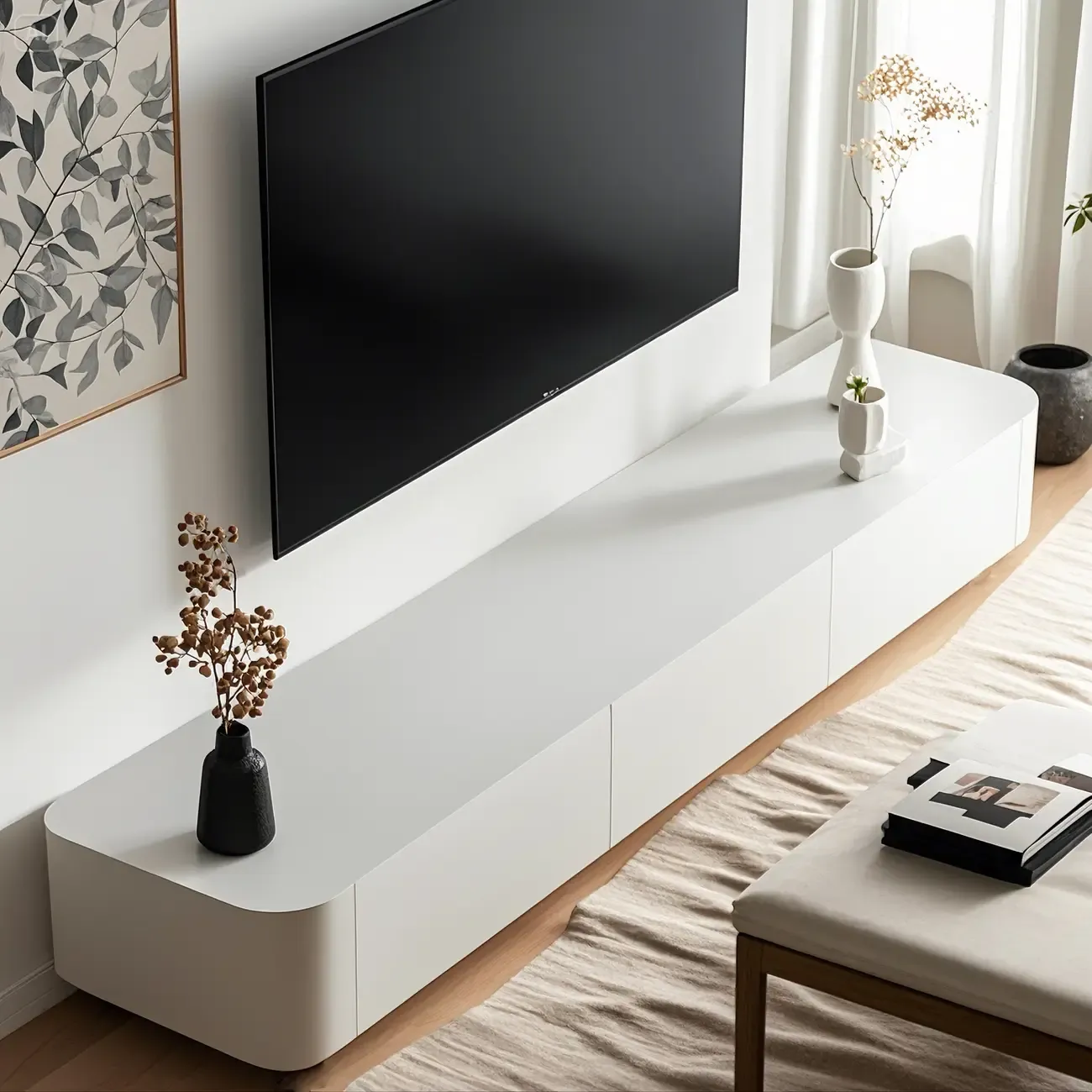 Minimalist White Wooden TV Stand with Ample Cable Management