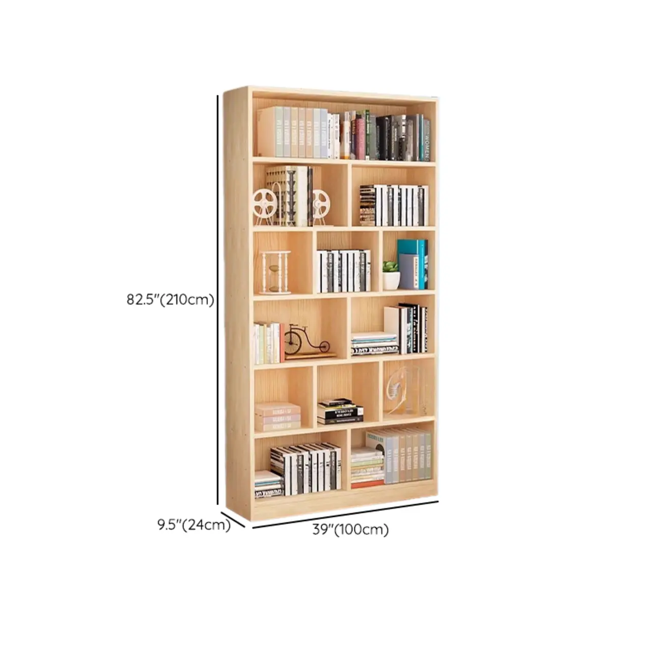 Natural Finish Narrow 6 Shelves Wooden Bookcase with Drawer