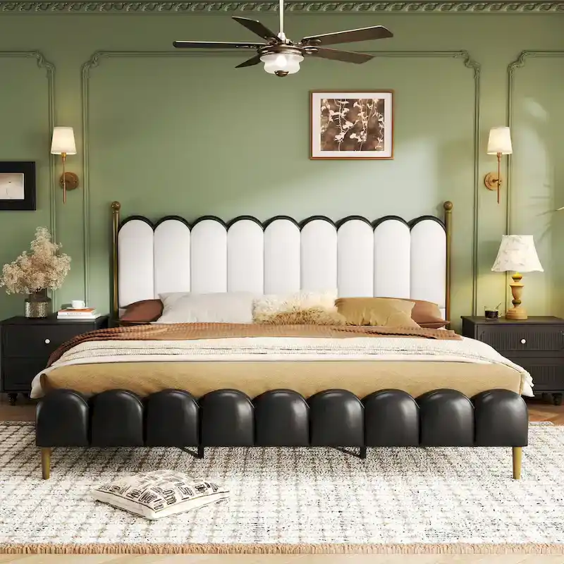 Leather Upholstered Bed with Headboard & Footboard, Solid Wood Slats & Legs