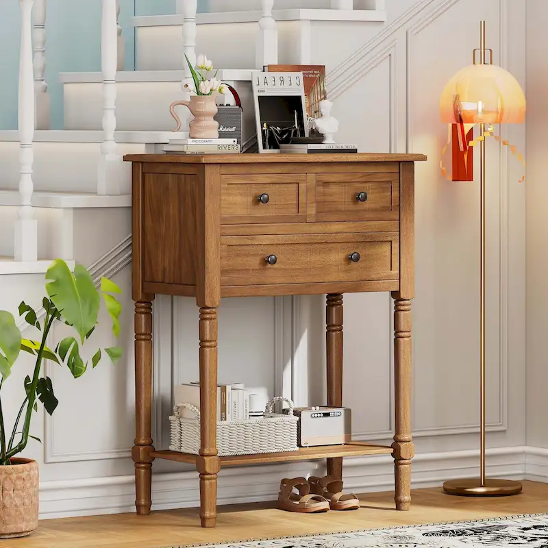 Natural/Light Blue/Navy/Beige/Black Console Table with Drawers & Shelf
