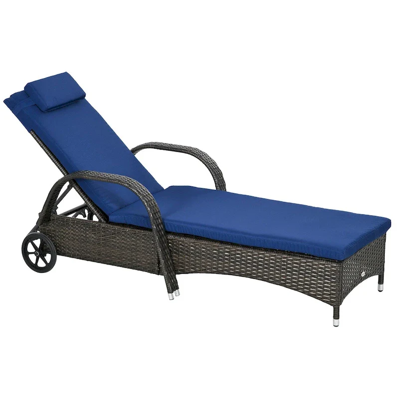 Outdoor Chaise Lounge,5-Level Adjustable Backrest & Wheels,Easy Movement,Dark Blue