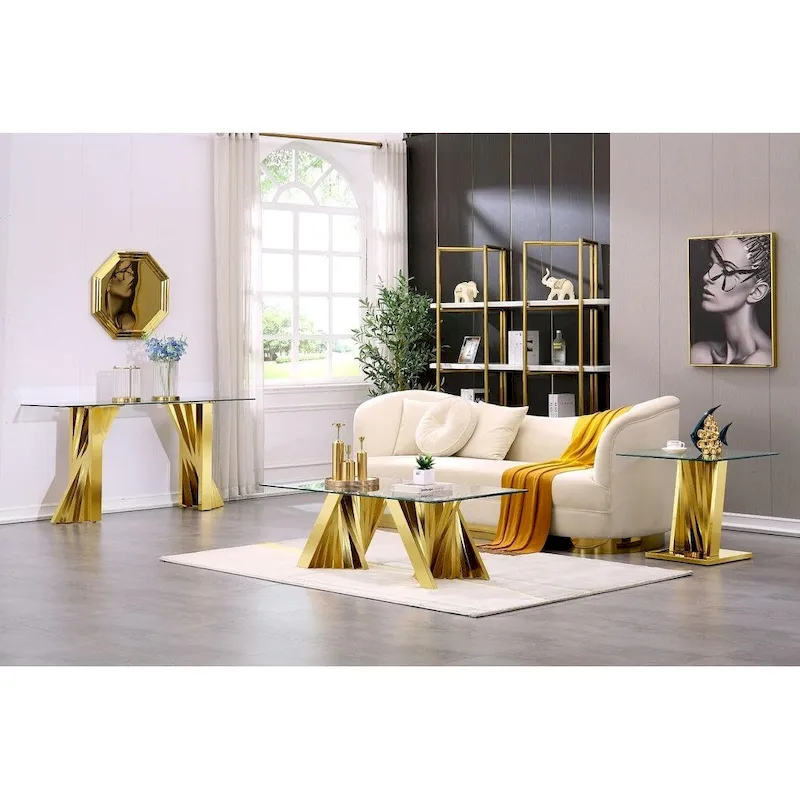 Modern Coffee Table Clear Tempered Glass Living Room Coffee Table with Geometric Base