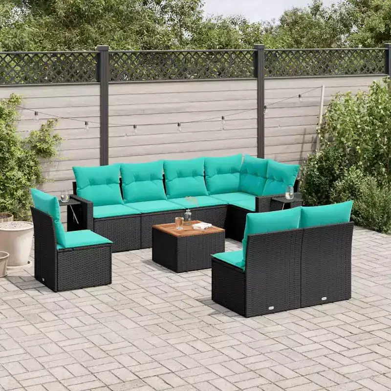 vidaXL 9 Piece Garden Sofa Set with Cushions Black Poly Rattan