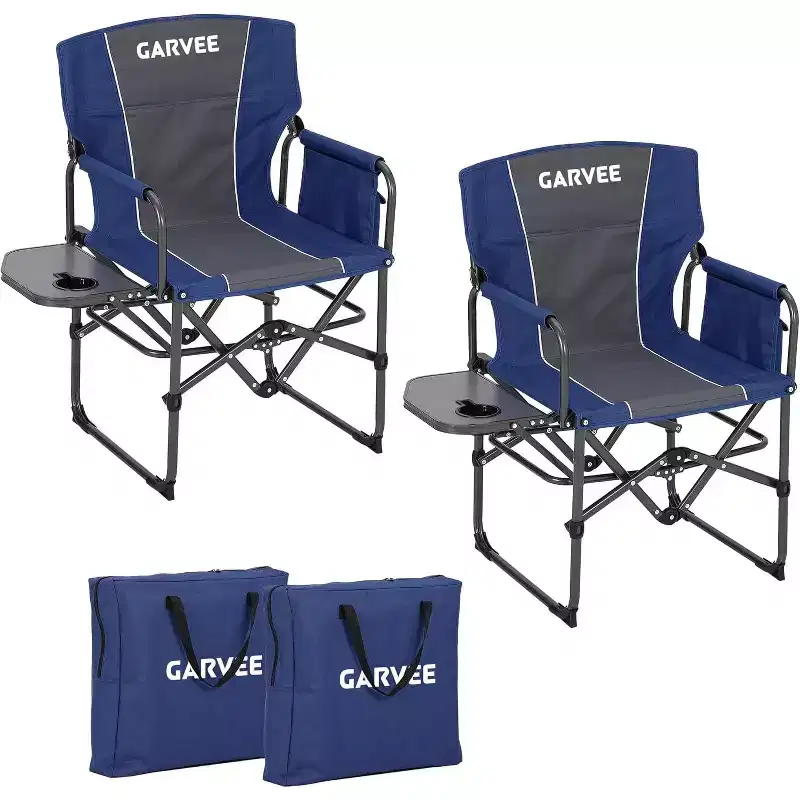 Folding Director's Chair with Built-in Side Table, Portable Lawn & Camping Seat for Outdoor, Patio, and RV Trips, 2 PCS