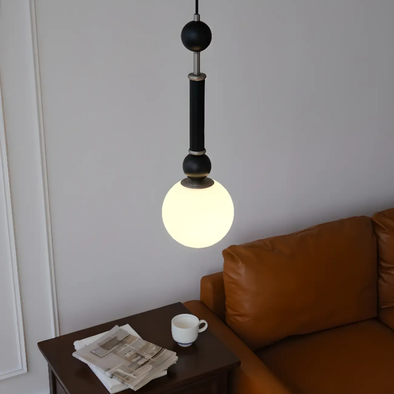 Minimalist Small Wood Glass Black Globe Hanging Pendant Light