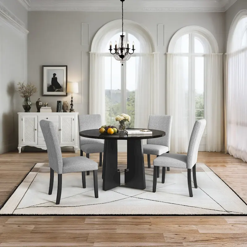 5 Pcs Wood Kitchen Table and Chair Set, 4 People Round Dining Table Set with Faux Marble Top and 4 Upholstered Chairs