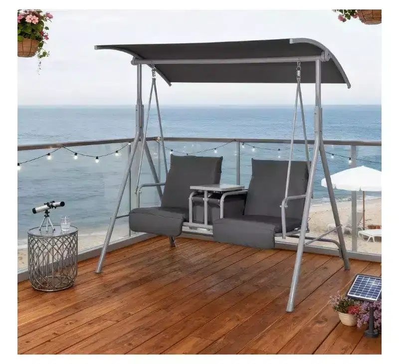 TUYOHW 2-Seat Patio Swing Chair with Storage & Cupholders Patio Swing with Sun Shade Canopy Swing Chair for Patio, Backyard, Garden, Poolside