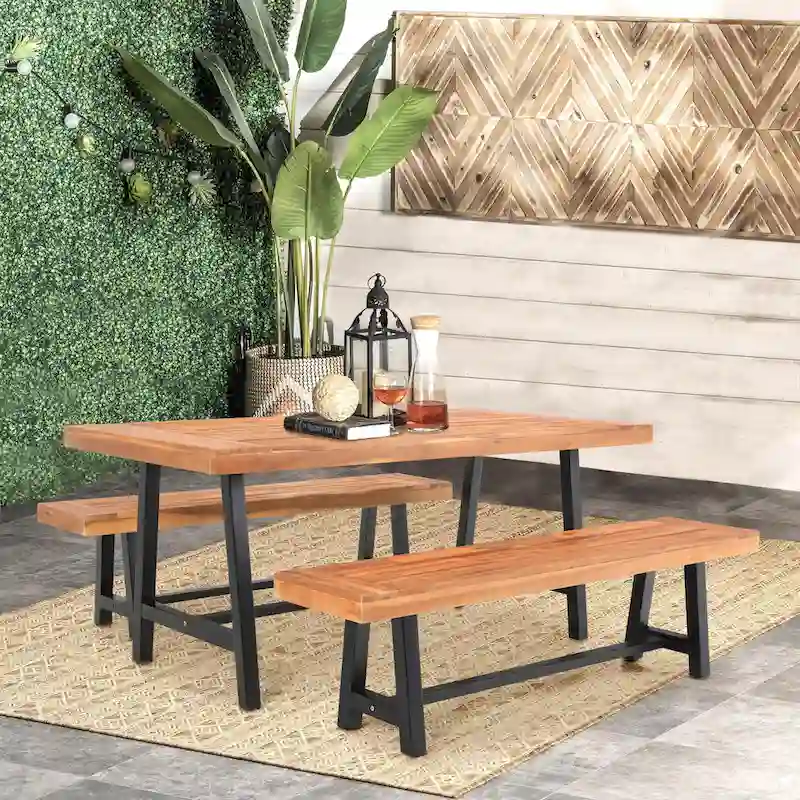 MAISON ARTS Sophia & William 3-Piece Patio Wooden Dining Set, 1 Wooden Table and 2 Wooden Benches