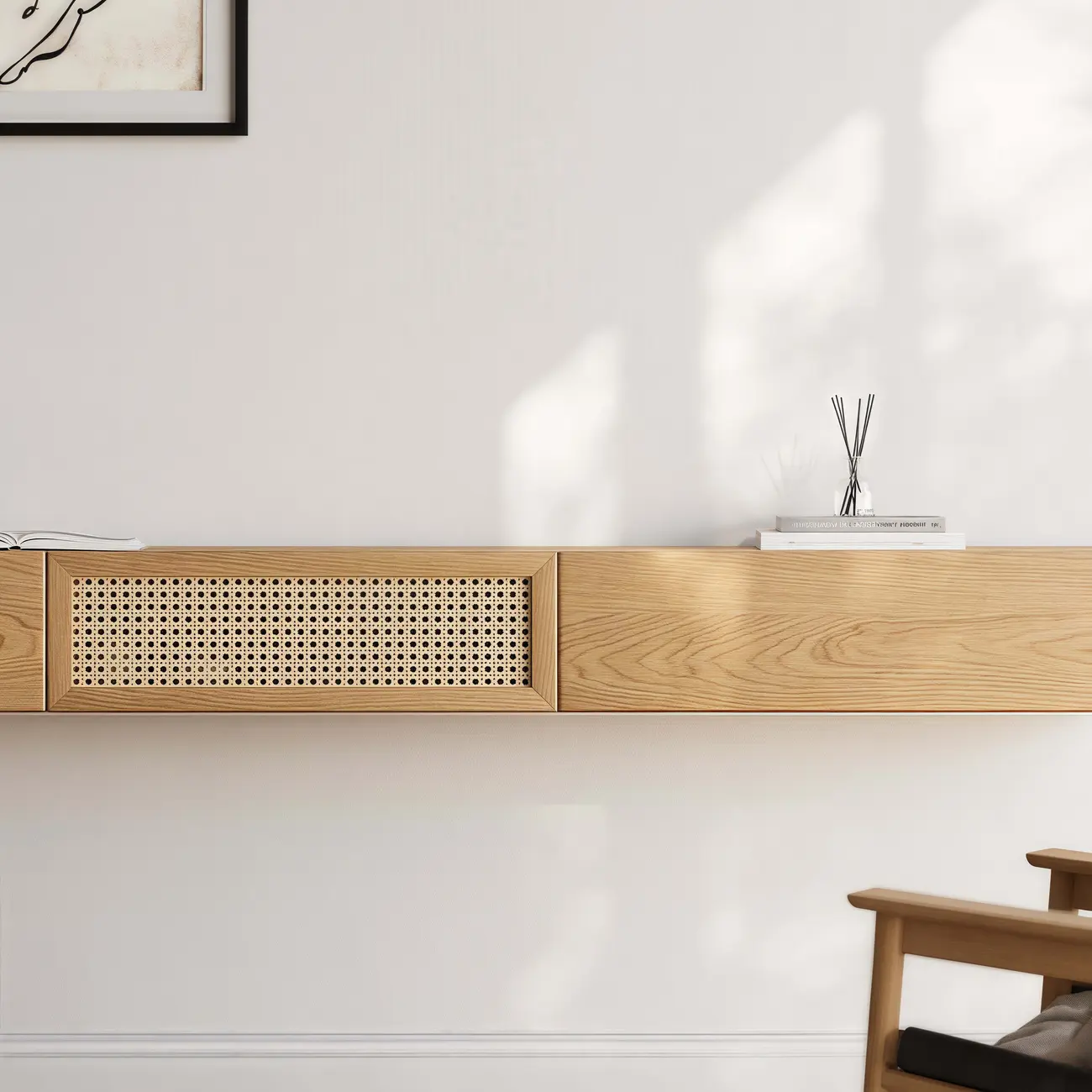 Walnut Ash Wood Floating Rattan Flip-Up TV Stand