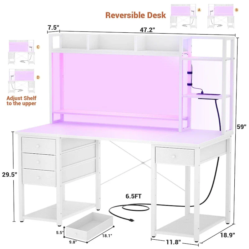 Gaming Desk with Hutch and Drawers, Office Computer Desk with Charge Station and LED Light