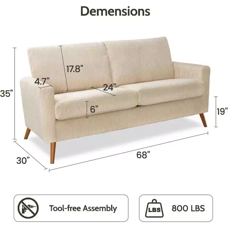 Dyonery 68 Loveseat Sofa Couch, Mid-Century Modern Loveseat Comfy Sofa with Spring Cushion, Solid Wood Frame, Tool-Free Assembly