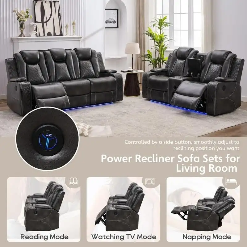 Power Reclining Sofa with Wireless Charger & LED Light – Faux Leather, Black