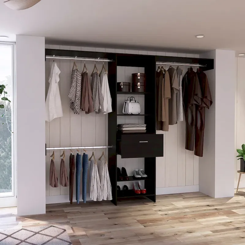 Cross Closet System with Drawer, 3 Metal Rods, and 5 Open Shelves