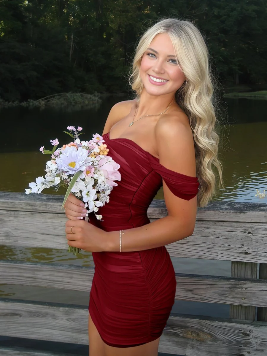 Burgundy - Off The Shoulder Tulle Short Homecoming & Cocktail Dresses