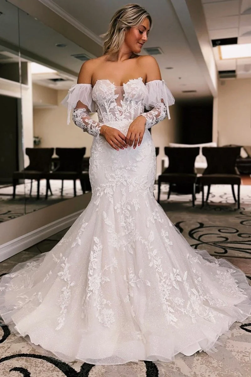 White Floral Lace Sweetheart Mermaid Wedding Dress with Detachable Sleeves