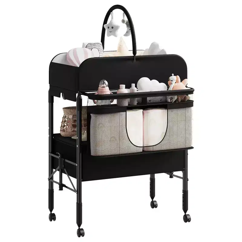 Adjustable Height Baby Changing Table with Wheels, Collapsible Diaper Station with 2 Drawers & Storage, Mobile Nursery Organizer with Waterproof Top