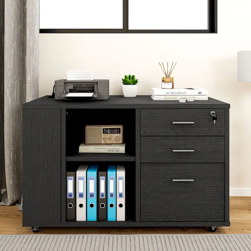 Brown Mobile Wood Lateral File Cabinet with Charging Station & Lock