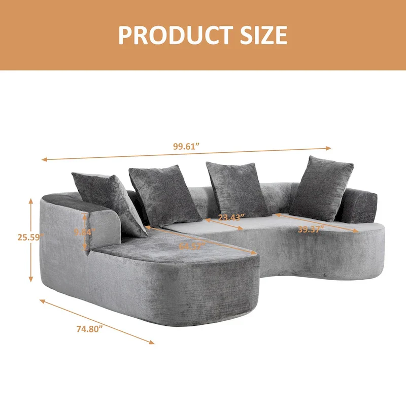 XINMICS 99.61 Modular Upholstered Sectional Sofa, Modern 3 Seater L-Shaped Compression Couch With Chaise, Left Hand Facing