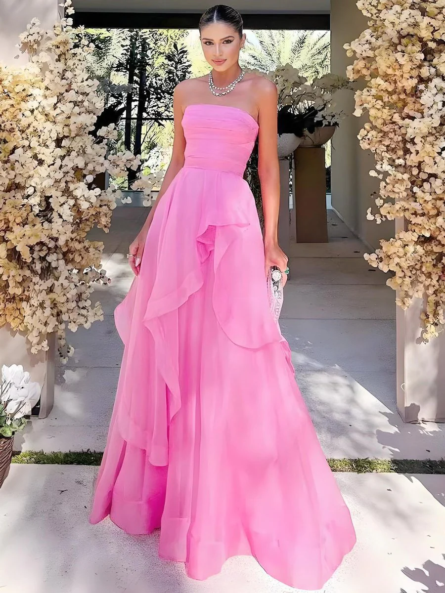 Light Pink A Line Strapless Organza Prom Dress