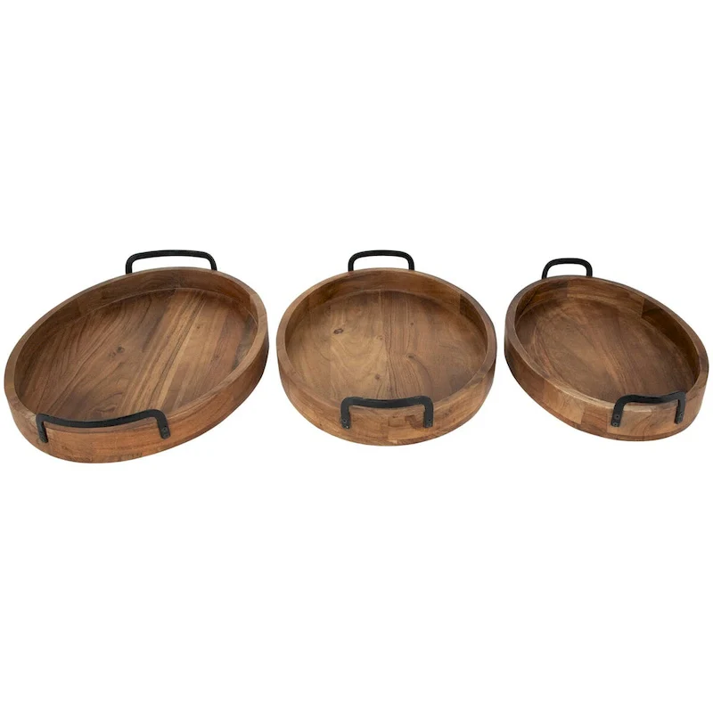 Acacia Wood Trays with Metal Handles - Set of 3 - 21.75