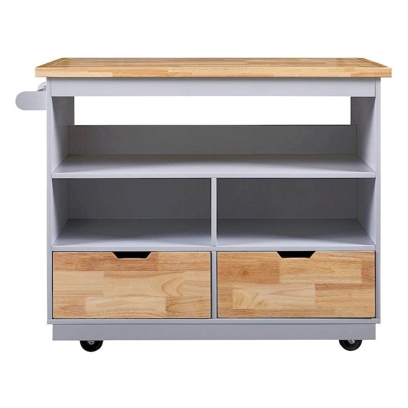 Kitchen Island on Wheels with Open Compartments and 2 Drawers