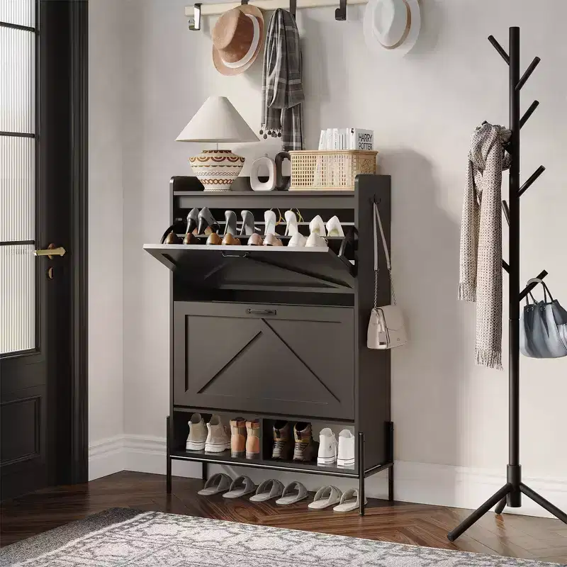 Shoe Cabinet with 2 Flip Drawers, Wooden Narrow Shoe Organizer, Freestanding Hidden Shoe Rack Cabinet with Metal Legs for Entryway Living Room