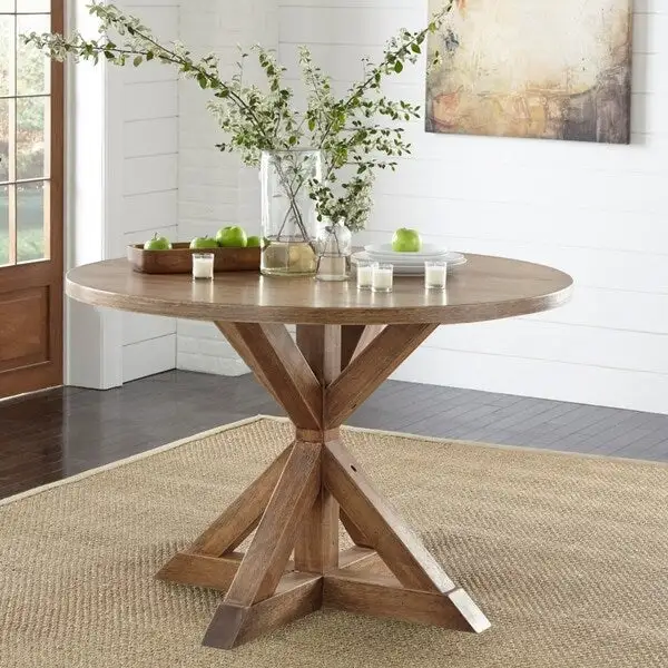 Brown Oversized Round Rubberwood Dining Table with Pedestal Base & Distressed Driftwood Finish, for 4-6 People