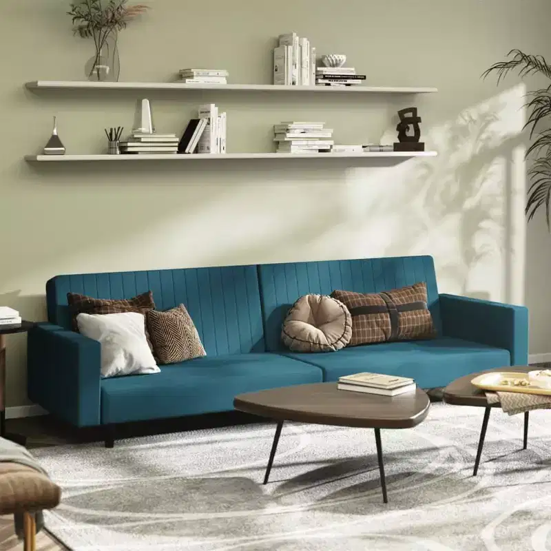 vidaXL Blue Velvet 2-Seater Sofa Bed - Convertible Loveseat Sleeper Couch for Living Room, Dorm, Office - Upholstered Twin Bed Size with Wooden Frame