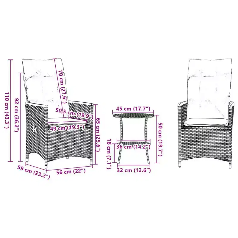 vidaXL Bistro Set with Cushions Poly Rattan