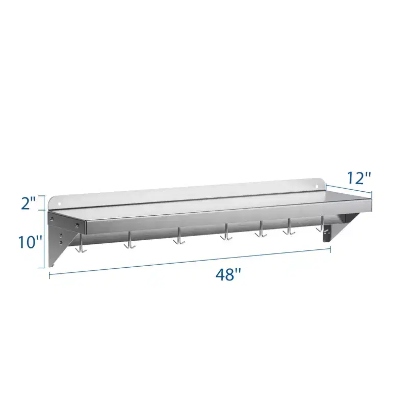 Garvee Wall Shelves for Kitchen, 48 x 12 Floating Shelf with Backsplash and Hooks, Silver