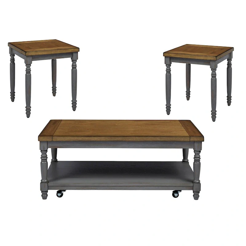 Oak & Grey 3-Piece Table Set (Cocktail + 2 End Tables) – Seats Up to 4