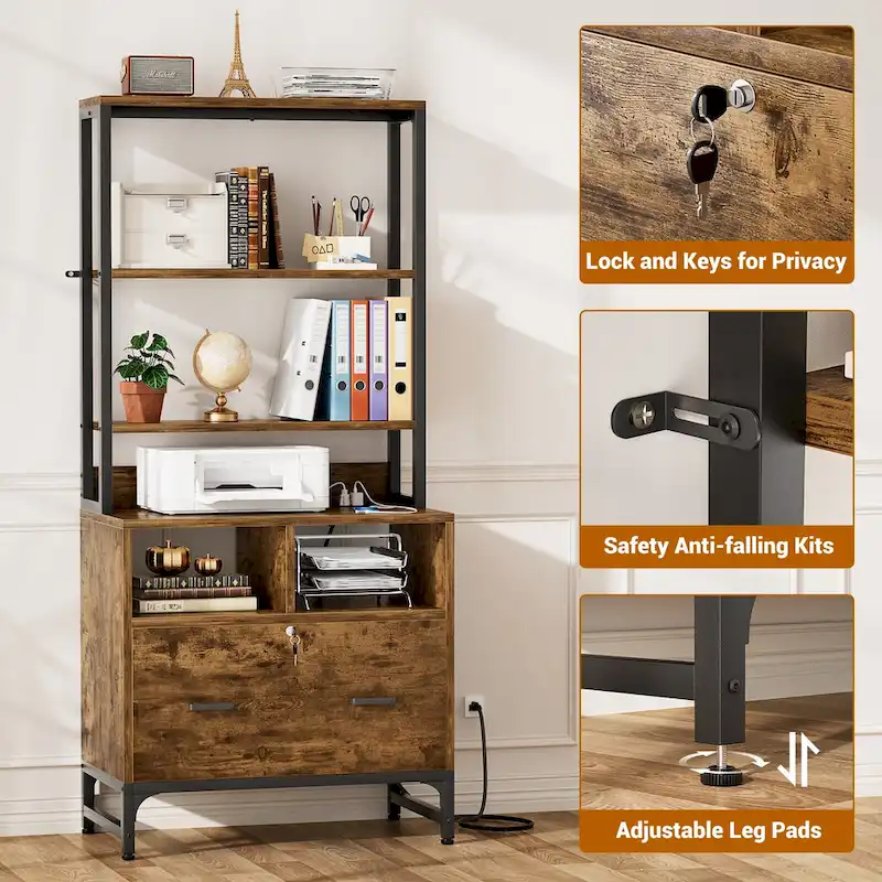 File Cabinet with Charging Station, Vertical Filing Cabinet with Lock & Large Drawer