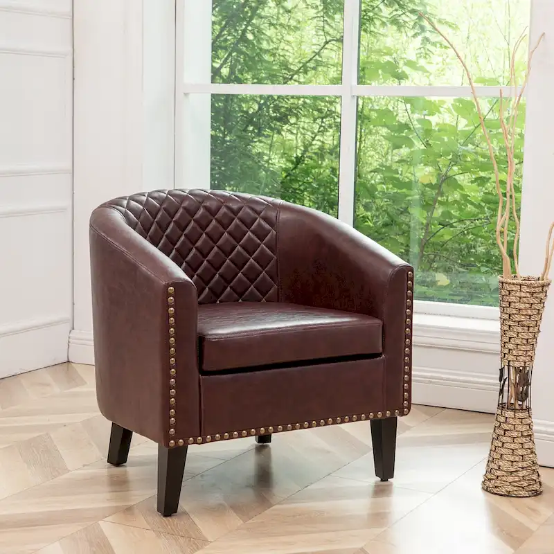 KINWELL PU Leather Tufted Barrel Chair Club Armchair with Nailheads