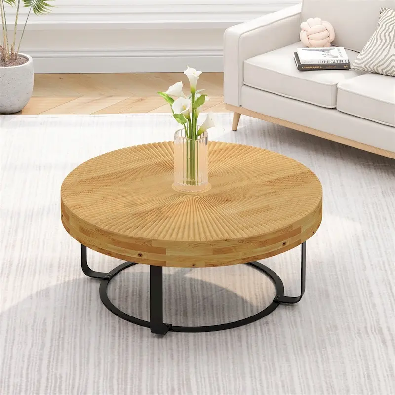 Round Wood Coffee Table with 6-Curved Metal Legs, Modern Style – Black / Gold