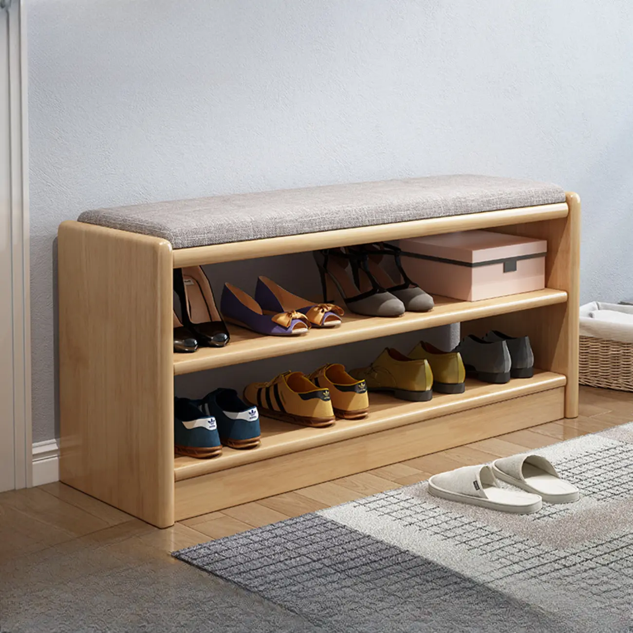 Scandinavian 2-Tier Upholstered Wood Shoe Rack Bench