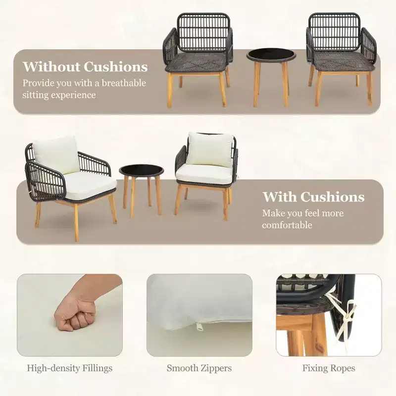 Costway 3 PCS Patio Furniture Set with Cushioned Chairs and Tempered Glass Side Table