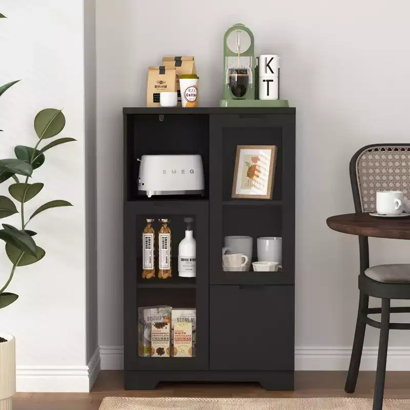 MAYEERTY Cabinet MDF Painted with Glass Doors Drawer Open Storage Black for Bedroom Living Room