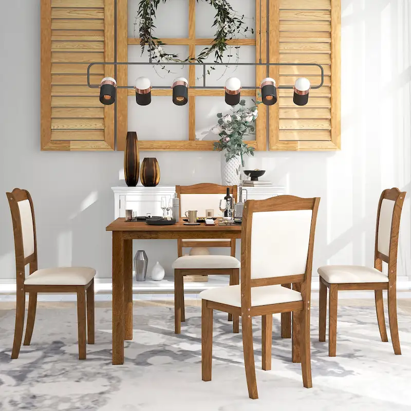 5-Piece Wood Dining Table Set Simple Style Kitchen Dining Set Rectangular Table with Upholstered Chairs for Limited Space