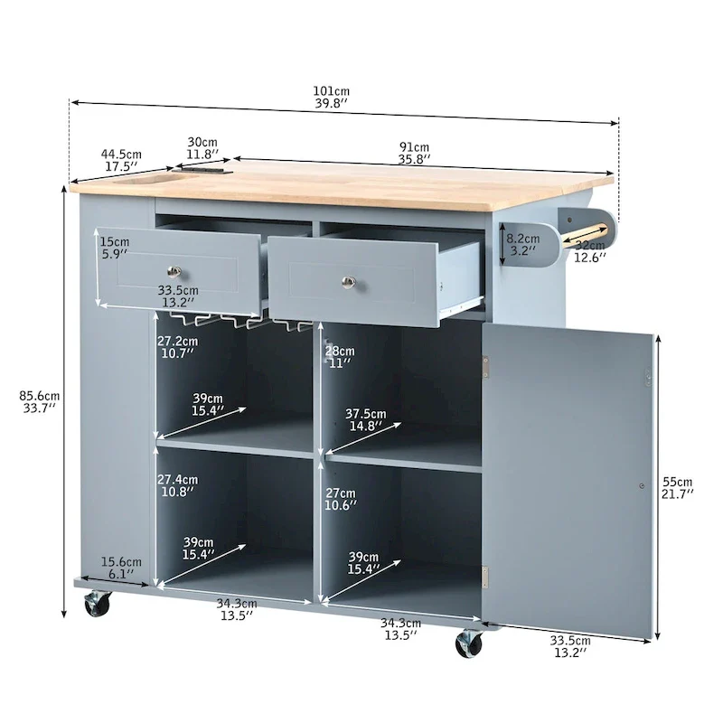 Adjustable Shelves Kitchen Island with Power Outlet and Drop Leaf