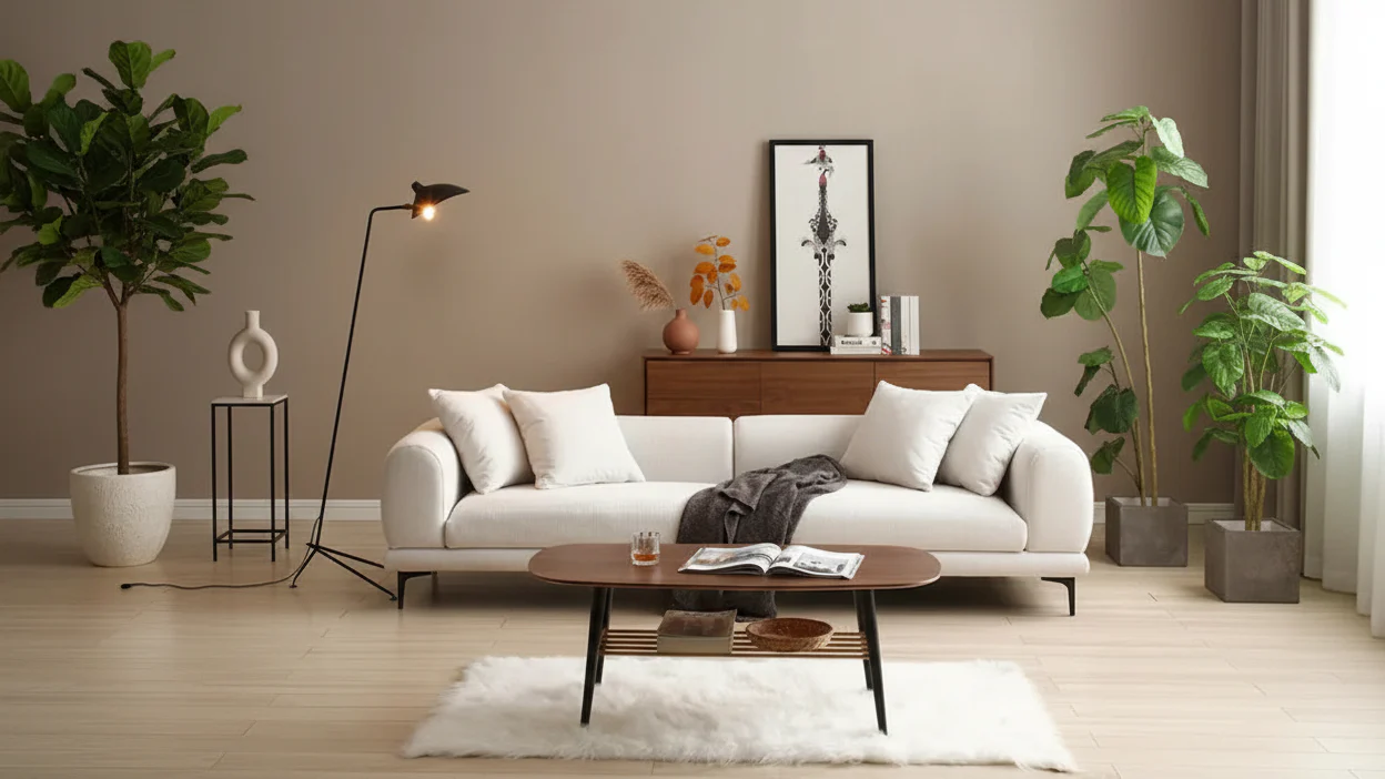 Fabric Sofa with Recessed Arms & Metal Legs – Blue / Beige, Mid-Century Modern, Seats 4