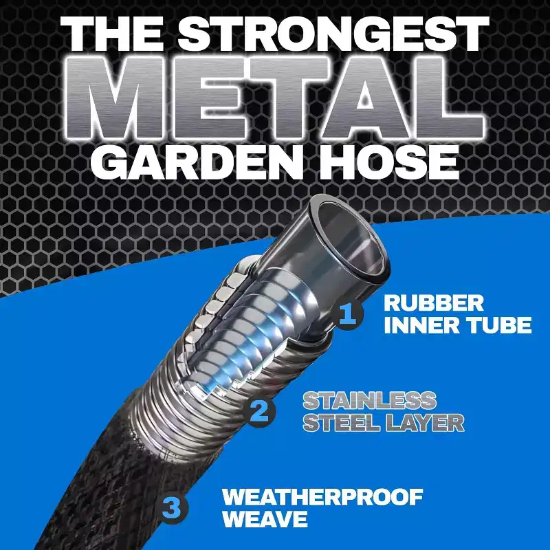Hydrosteel Garden Hose 5/8-inch Heavy Duty 304 Stainless Steel 3-Layer Metal Water Hose