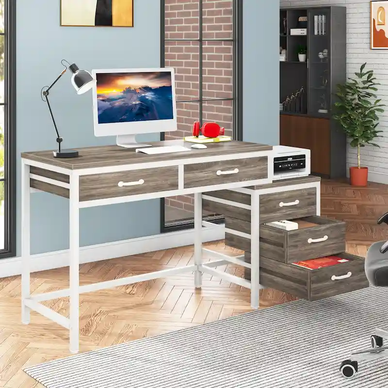 Reversible Computer Desk with 5 Drawers, Home Office Desk with File Cabinet Drawer Printer Stand