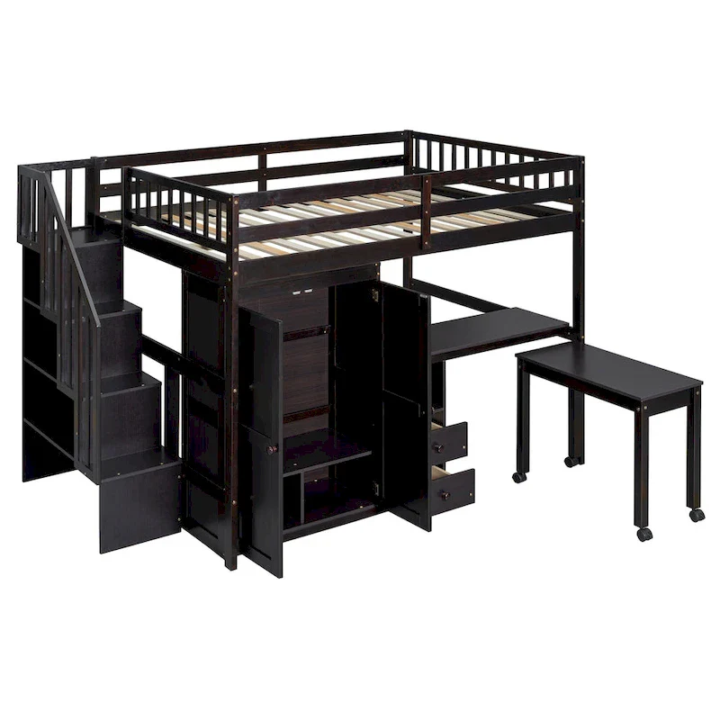 Full Loft Bed with Stairs, Built-in Desk & 5-in-1 Storage