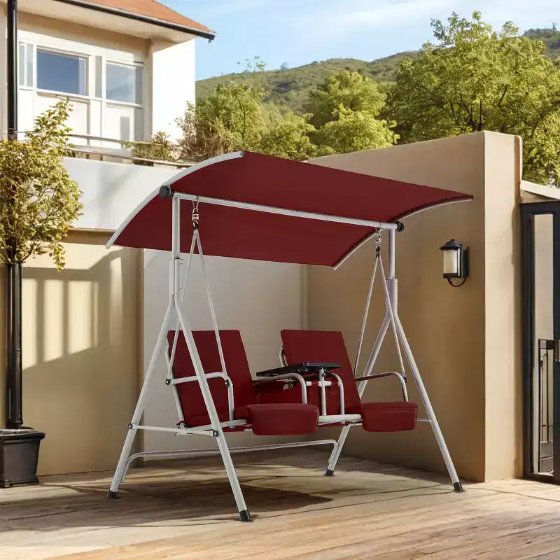 EROMMY 2-Seat Patio Porch Swing with Stand, Adjustable Canopy and Cup Holder