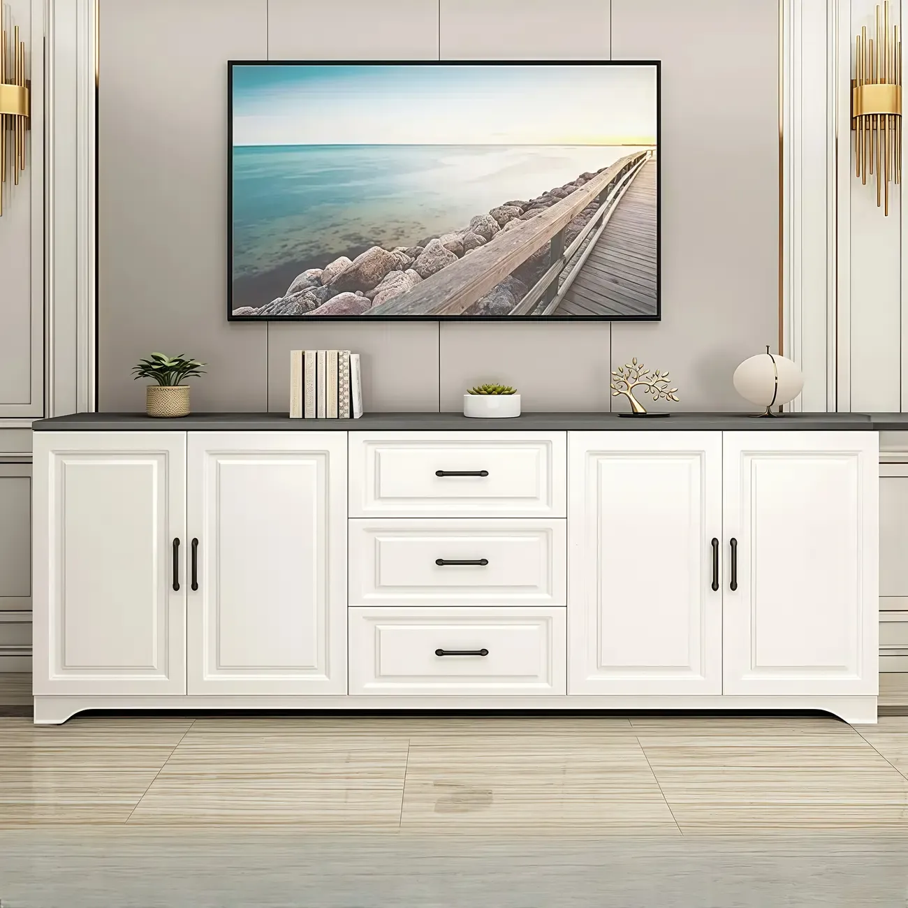 Modern Rectangular White 3-Drawer Wooden TV Stand