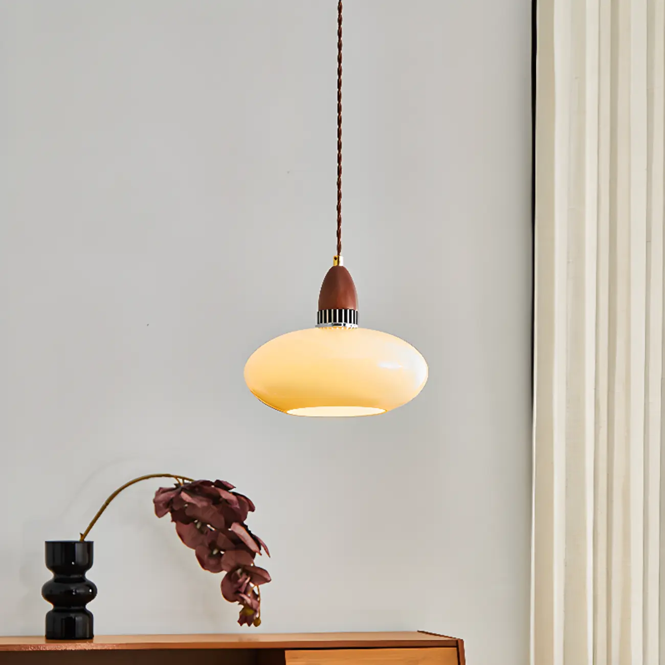 Modern Round Wood Glass Pendant Light Adjustable for Indoor